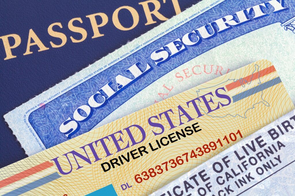 credit monitoring social security card, birth certificate, passport, driver's license